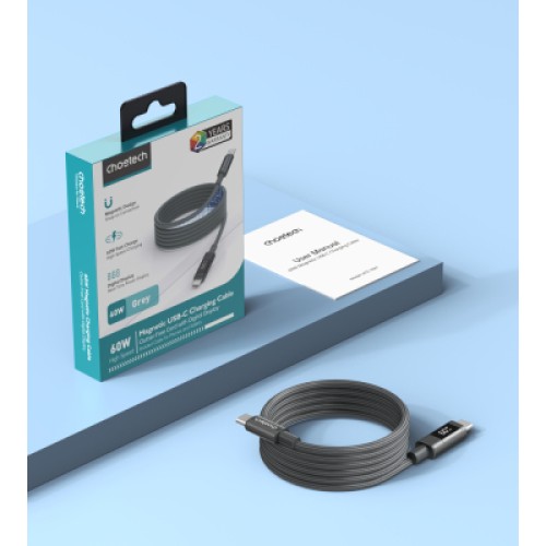 Дата кабель USB-C to USB-C 1.2m PD60W magnetic digital display nylon gray Choetech (XCC-1067-GY)
