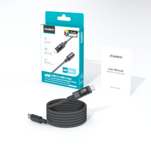 Дата кабель USB-C to USB-C 1.2m PD60W digital display nylon gray Choetech (XCC-1068-GY)