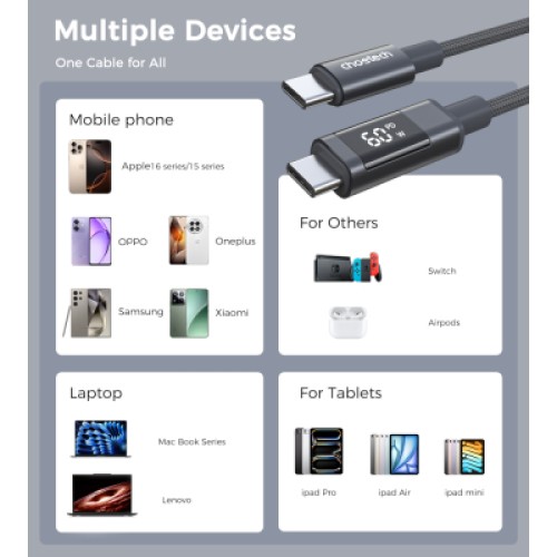 Дата кабель USB-C to USB-C 1.2m PD60W digital display nylon gray Choetech (XCC-1068-GY)