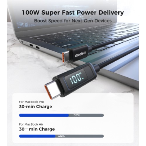 Дата кабель USB-C to USB-C 1.2m PD100W digital display silicone Choetech (XCC-1064)