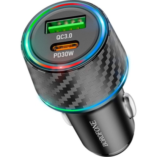 Зарядное устройство BOROFONE 1xUSB-C PD30W + 1xUSB QC3.0 48W car adapter black (6941991101175)