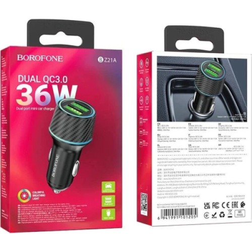 Зарядное устройство BOROFONE 2xUSB QC3.0 36W car adapter black (6941991101205)