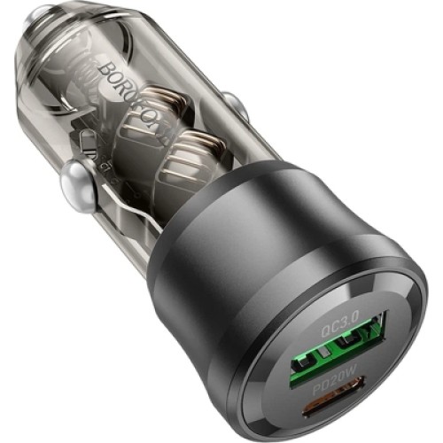 Зарядное устройство BOROFONE 1xUSB-C PD + 1xUSB 38W car adapter transparent black (6941991106965)