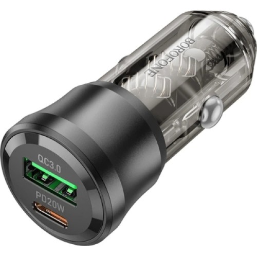 Зарядное устройство BOROFONE 1xUSB-C PD + 1xUSB 38W car adapter transparent black (6941991106965)