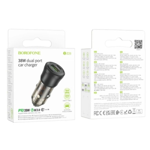 Зарядное устройство BOROFONE 1xUSB-C PD + 1xUSB 38W car adapter transparent black (6941991106965)