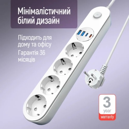 Сетевой фильтр питания ColorWay CW-CHE44PDW Сетевой фильтр питания ColorWay CW-CHE44PDW