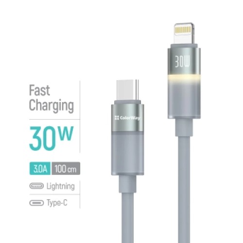 Дата кабель USB-C to Lightning 1.0m PD30W warm light gray ColorWay (CW-CBPDCL092-GR)