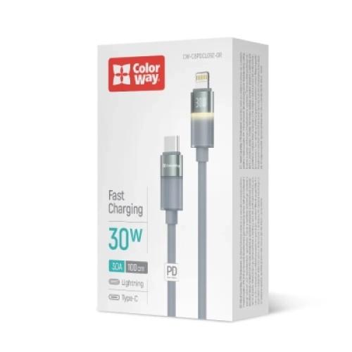 Дата кабель USB-C to Lightning 1.0m PD30W warm light gray ColorWay (CW-CBPDCL092-GR)