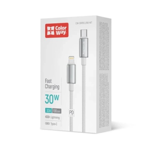 Дата кабель USB-C to Lightning 1.0m PD30W zinc alloy braided white ColorWay (CW-CBPDCL098-WT)