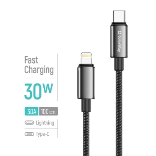 Дата кабель USB-C to Lightning 1.0m PD30W zinc alloy braided black ColorWay (CW-CBPDCL098-BK)
