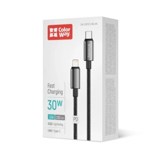 Дата кабель USB-C to Lightning 2.0m PD30W zinc alloy braided black ColorWay (CW-CBPDCL099-BK)