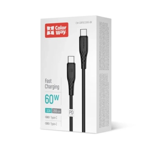 Дата кабель USB-C to USB-C 2.0m 3A 60W textured PVC black ColorWay (CW-CBPDCC095-BK) Дата кабель USB-C to USB-C 2.0m 3A 60W textured PVC black ColorWay (CW-CBPDCC095-BK)