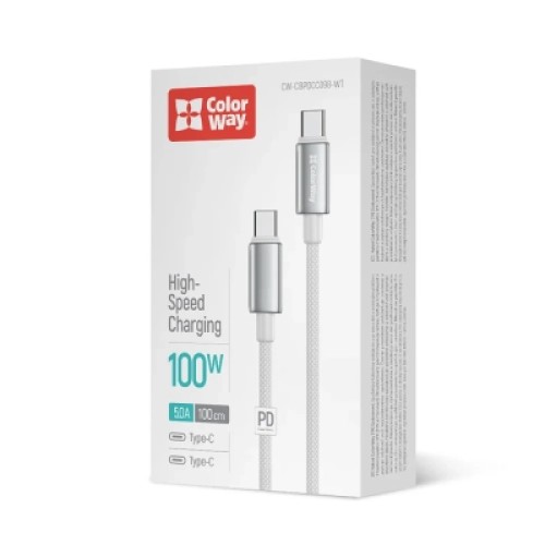 Дата кабель USB-C to USB-C 1.0m 5A 100W zinc alloy braided white ColorWay (CW-CBPDCC098-WT) Дата кабель USB-C to USB-C 1.0m 5A 100W zinc alloy braided white ColorWay (CW-CBPDCC098-WT)