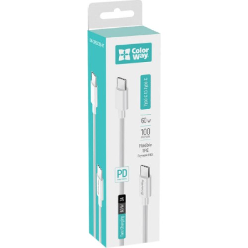 Дата кабель USB-C to USB-C 2.0m 5A 100W zinc alloy braided white ColorWay (CW-CBPDCC099-WT)