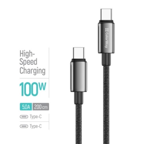 Дата кабель USB-C to USB-C 2.0m 5A 100W zinc alloy braided black ColorWay (CW-CBPDCC099-BK) Дата кабель USB-C to USB-C 2.0m 5A 100W zinc alloy braided black ColorWay (CW-CBPDCC099-BK)