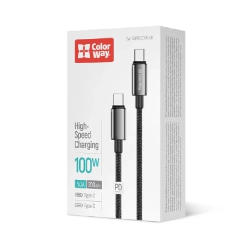 Дата кабель USB-C to USB-C 2.0m 5A 100W zinc alloy braided black ColorWay (CW-CBPDCC099-BK) Дата кабель USB-C to USB-C 2.0m 5A 100W zinc alloy braided black ColorWay (CW-CBPDCC099-BK)