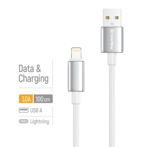 Дата кабель USB 2.0 AM to Lightning 1.0m 3A zinc alloy braided white ColorWay (CW-CBUL098-WT)