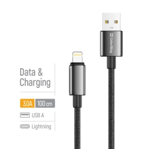 Дата кабель USB 2.0 AM to Lightning 1.0m 3A zinc alloy braided black ColorWay (CW-CBUL098-BK)