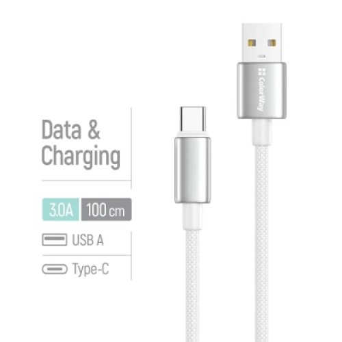 Дата кабель USB 2.0 AM to USB-C 1.0m 3A zinc alloy braided white ColorWay (CW-CBUC098-WT) Дата кабель USB 2.0 AM to USB-C 1.0m 3A zinc alloy braided white ColorWay (CW-CBUC098-WT)