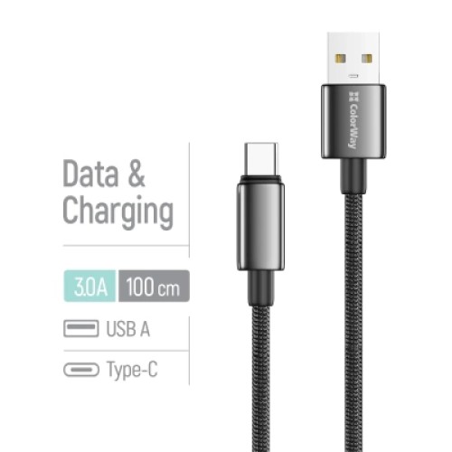 Дата кабель USB 2.0 AM to USB-C 1.0m 3A zinc alloy braided black ColorWay (CW-CBUC098-BK)
