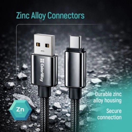 Дата кабель USB 2.0 AM to USB-C 1.0m 3A zinc alloy braided black ColorWay (CW-CBUC098-BK)
