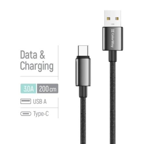 Дата кабель USB 2.0 AM to USB-C 2.0m 3A zinc alloy braided black ColorWay (CW-CBUC099-BK)