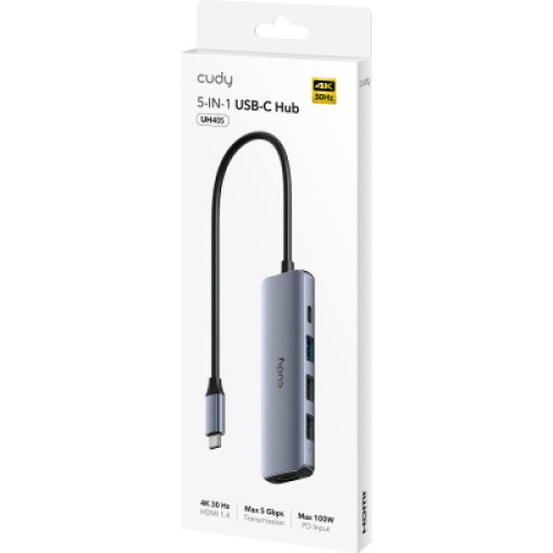 Концентратор Cudy USB-C 5-in-1 1xHDMI 4K + 1xUSB-C PD100W + 1xUSB 3.0 5Gbps + 2xUSB 2.0 (UH405)