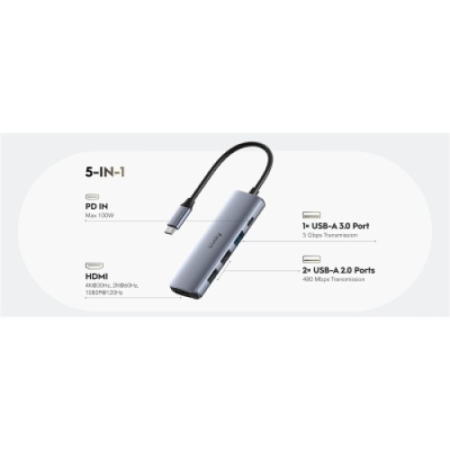Концентратор Cudy USB-C 5-in-1 1xHDMI 4K + 1xUSB-C PD100W + 1xUSB 3.0 5Gbps + 2xUSB 2.0 (UH405)