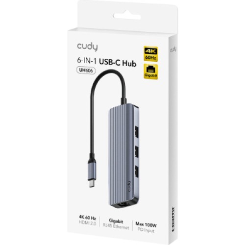 Концентратор Cudy USB-C 6-in-1 1xHDMI 4K + 1xUSB-C + 1xUSB 3.0 5Gbps + 2xUSB 2.0 (UH606)