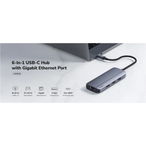 Концентратор Cudy USB-C 6-in-1 1xHDMI 4K + 1xUSB-C + 1xUSB 3.0 5Gbps + 2xUSB 2.0 (UH606)