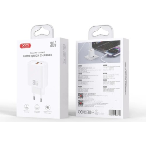 Зарядное устройство XO 1xUSB 22.5W + 1xUSB-C PD30W white (CE42.white)