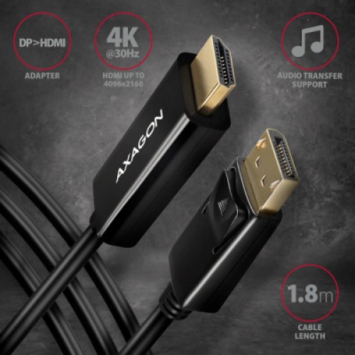 Кабель мультимедийный HDMI M to DisplayPort M 1.8m 4K30Hz black AXAGON (RVD-HI14C2)
