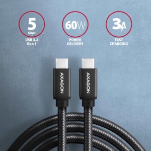 Дата кабель USB-C to USB-C 1.0m v3.2 Gen 1 PD 60W 3A black AXAGON (BUCM3-CM10AB)