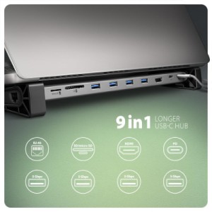 Концентратор AXAGON USB-C 9-in-1 4xUSB 3.2 + 2xUSB-C + HDMI + SD/TF + RJ45 1000Mbps + PD 100W black/gray (HMC-10HLS)