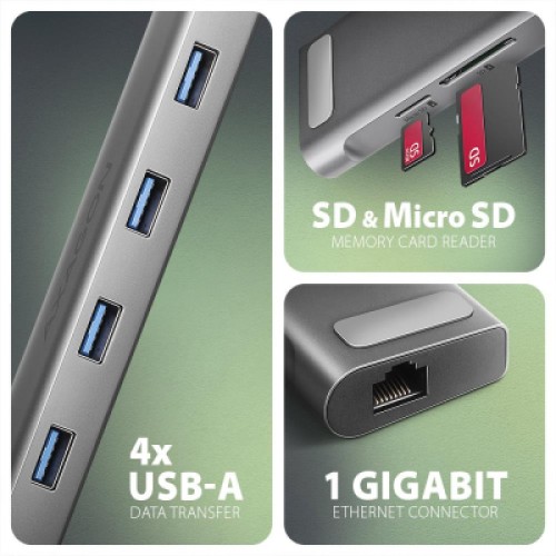 Концентратор AXAGON USB-C 9-in-1 4xUSB 3.2 + 2xUSB-C + HDMI + SD/TF + RJ45 1000Mbps + PD 100W black/gray (HMC-10HLS) Концентратор AXAGON USB-C 9-in-1 4xUSB 3.2 + 2xUSB-C + HDMI + SD/TF + RJ45 1000Mbps + PD 100W black/gray (HMC-10HLS)