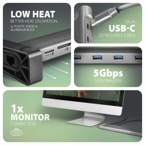 Концентратор AXAGON USB-C 9-in-1 4xUSB 3.2 + 2xUSB-C + HDMI + SD/TF + RJ45 1000Mbps + PD 100W black/gray (HMC-10HLS) Концентратор AXAGON USB-C 9-in-1 4xUSB 3.2 + 2xUSB-C + HDMI + SD/TF + RJ45 1000Mbps + PD 100W black/gray (HMC-10HLS)