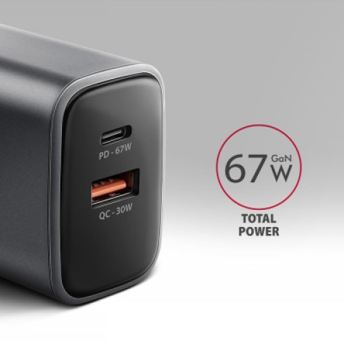 Зарядное устройство AXAGON 1xUSB-C PD67W + 1xUSB QC4+ PPS gray (ACU-PQ67)
