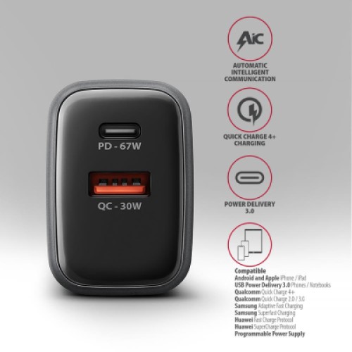 Зарядное устройство AXAGON 1xUSB-C PD67W + 1xUSB QC4+ PPS gray (ACU-PQ67)