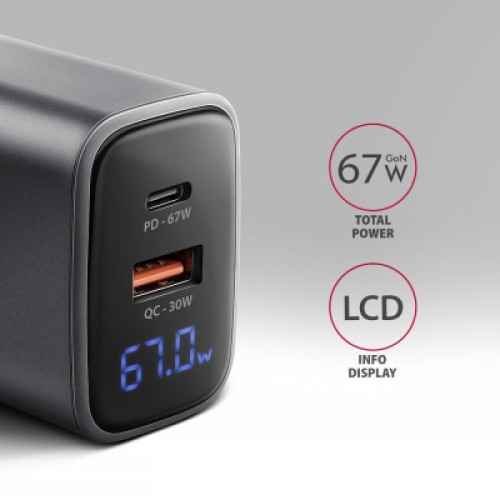 Зарядное устройство AXAGON 1xUSB-C PD67W + 1xUSB QC4+ PPS display gray (ACU-PQ67D)