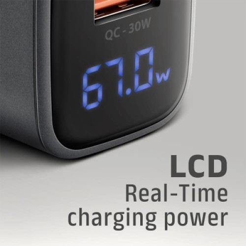 Зарядное устройство AXAGON 1xUSB-C PD67W + 1xUSB QC4+ PPS display gray (ACU-PQ67D)