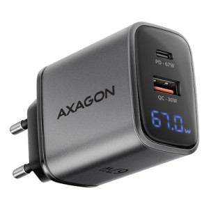 Зарядное устройство AXAGON 1xUSB-C PD67W + 1xUSB QC4+ PPS display gray (ACU-PQ67D)