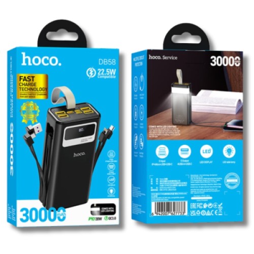 Батарея универсальная HOCO 30000mAh Plentiful 22.5W, built-in cables, LED, Black (DB58 / 715030) Батарея универсальная HOCO 30000mAh Plentiful 22.5W, built-in cables, LED, Black (DB58 / 715030)