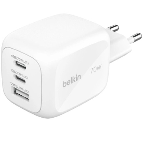 Зарядное устройство Belkin 2xUSB-C + 1xUSB PD70W PPS GaN white (WCH018HQWH)