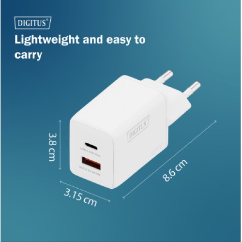 Зарядное устройство Digitus 1xUSB-C + 1xUSB PD45W GaN white (DA-10302) Зарядное устройство Digitus 1xUSB-C + 1xUSB PD45W GaN white (DA-10302)