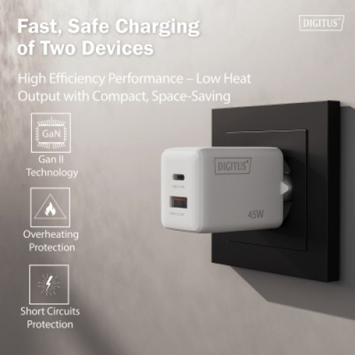 Зарядное устройство Digitus 1xUSB-C + 1xUSB PD45W GaN white (DA-10302) Зарядное устройство Digitus 1xUSB-C + 1xUSB PD45W GaN white (DA-10302)