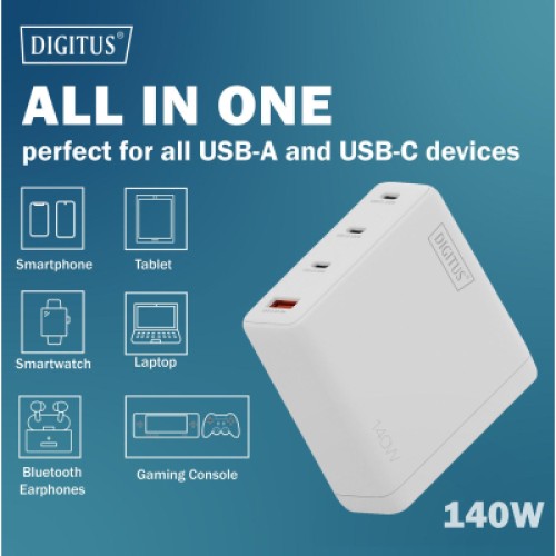 Зарядное устройство Digitus 3xUSB-C + 1xUSB PD140W GaN white (DA-10305)