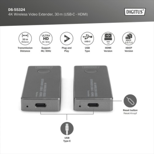 Адаптер HDMI extender 30m USB-C to HDMI 4K UHD wireless black Digitus (DS-55324)
