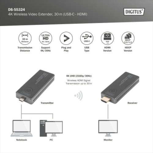 Адаптер HDMI extender 30m USB-C to HDMI 4K UHD wireless black Digitus (DS-55324)