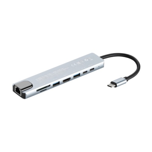 Концентратор 2E USB-C 8-in-1 1xUSB 2.0 + 1xUSB 3.0 + 2xUSB-C PD + HDMI + microSD/SD + 1xRJ45 0.13m gray (2E-W2681)
