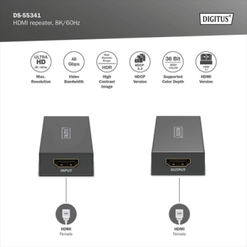 Адаптер HDMI extender 10m 8K60Hz/13m 4K60Hz repeater Digitus (DS-55341)